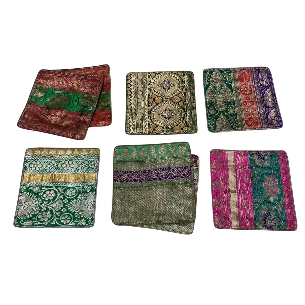 Set of 6 Vintage Brocade Fabric Coasters Multicolor Gold Metallic Embroidered